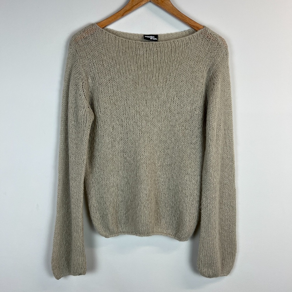 Wooden Ships Anthropologie Mohair Wool Sweater Top S/M Beige Open Knit Coastal